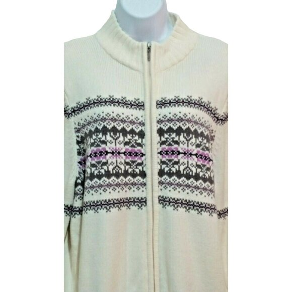 Vintage Cardigan Sweater XL Ivory Nordic Fair Isle Snowflake Zip Up Grandpa - Picture 2 of 9